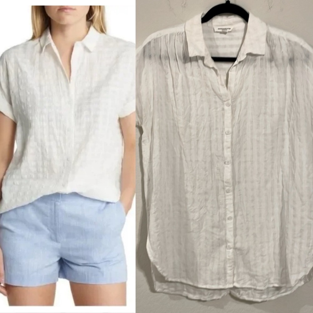Beachlunchlounge Women's Button Front Shirt Medium White Gingham Cotton Modest